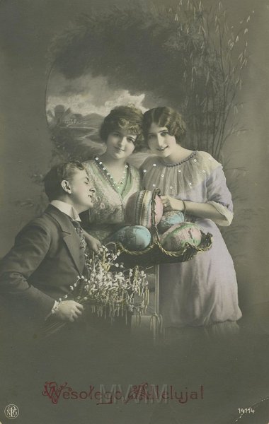 KKE 5482.jpg - Fot. Widokówka wielkanocna przedstawiająca rodzinę z święconką, ręcznie kolorowana, NPG 14114, Niemcy, 20 IV 1924 r.